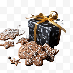 生风蛋糕图片_圣诞组合物，配有姜饼和黑木上的