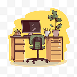 办公室卡通植物图片_办公桌与植物剪贴画 向量