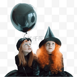 带孩子玩气球图片_穿着万圣节女巫服装带着气球的滑