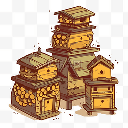 几个带有木制屋顶卡通的蜂箱的蜂