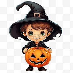 十月可爱的男孩戴着女巫帽，带着