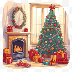 矢量圣诞树插画图片_带窗户壁炉杉树和礼物的圣诞客厅