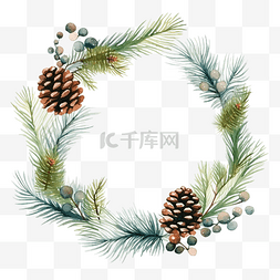 圣诞花环松树枝和锥体的圆形框架