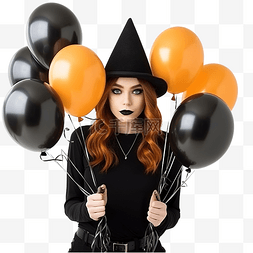 幸福满足图片_年轻女巫拿着黑色和橙色气球参加