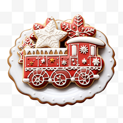 火车死机图片_圣诞饼干，雪橇和红色机车上有巧