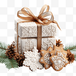 雪花图片_礼品盒圣诞装饰品云杉树枝饼干和