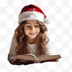 戴着圣诞帽的可爱小女孩在家看书