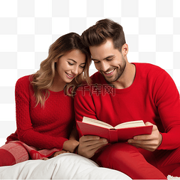 书架上的书图片_穿着红色圣诞毛衣的夫妇在家里的