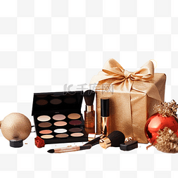 化妆盒子图片_桌上圣诞礼物附近的化妆刷和其他