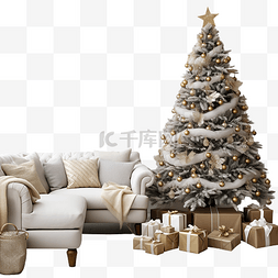 礼物的圣诞树图片_客厅内部配有沙发装饰的圣诞树