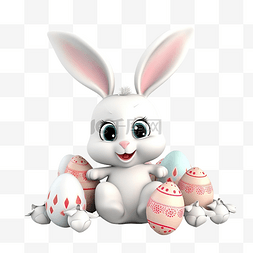 3D 插图复活节问候与可爱的白色兔