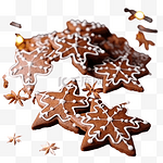 星形的节日圣诞姜饼饼干躺在木质的深棕色表面上