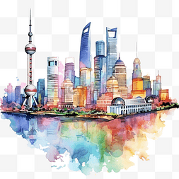 插画风格的图片_上海城市景观天际线多彩水彩风格