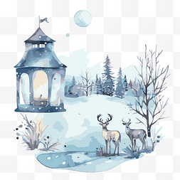 白雪皑皑的森林图片_水彩冬季剪贴画水彩插图的鹿和房