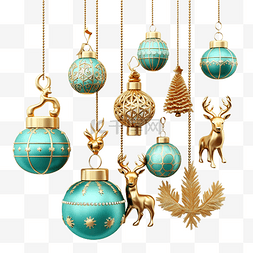 闪光圣诞鹿图片_金色圣诞球和铃铛装饰品的集合，