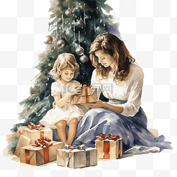 柚柚育儿图片_圣诞节早上，母亲和孩子在圣诞树