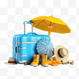 3d 夏季海滩与手提箱伞凉鞋隔离夏