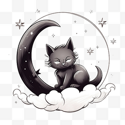 猫月亮和星星黑色和白色png插图