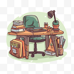 卡通平面图像办公桌与电脑和书籍