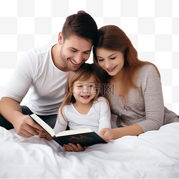 孩子和父母看书图片_女儿和父母躺在床上，在圣诞树旁