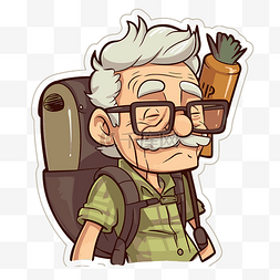一个背着背包的老人的漫画 向量
