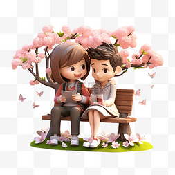 坐着的女孩人物图片_浪漫的情侣坐在公园3D人物插画