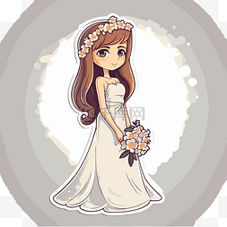 可爱的卡通女孩穿着婚纱与花环剪
