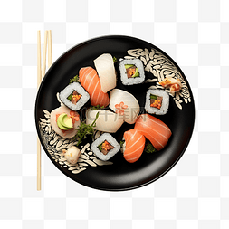 吃的一盘吃的图片_黑盘上的寿司鸟瞰生成人工智能技