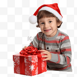 圣诞树附近一个男孩打开圣诞礼物
