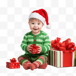 圣诞帽服装图片_穿着红绿色精灵服装的男婴坐在圣