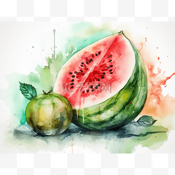 水彩甜瓜图片_白色背景中的水彩西瓜和分裂瓜
