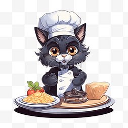 一只戴着厨师帽的卡通猫坐在盘子