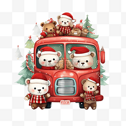 小熊和兔子图片_圣诞假期贺卡与卡通红色巴士