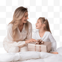 孩子坐在床上听妈妈手里拿着圣诞