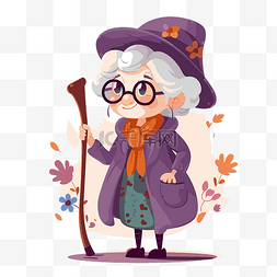 老太太矢量图片_老太太剪贴画老妇人用木棍在秋季