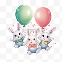兔子角色在三个气球上飞翔和大笑