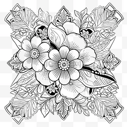 手绘花卉主题图片_黑白手绘插图中的轮廓方形花卉插