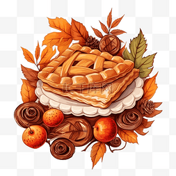 传统秋季甜糕点，配以树叶和蘑菇
