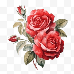 水彩花卡片图片_红玫瑰水彩花花束复古古董带叶