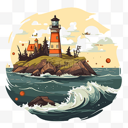 卡通沿海图片_沿海剪贴画灯塔和岛屿与树木和波