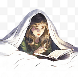 女孩在床上的毯子下用手电筒看书