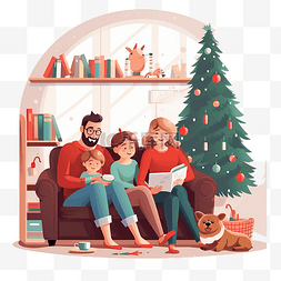 家庭在舒适的家居室内度过圣诞节