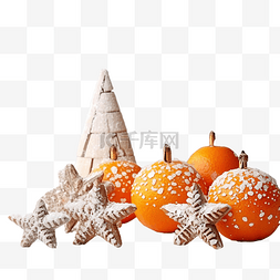 雪上木桌上的圣诞橘子和圣诞玩具