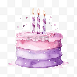 可爱的水彩生日蛋糕，插着蜡烛