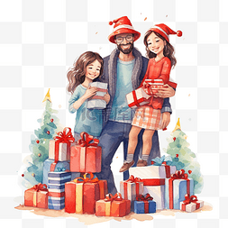 幸福的家庭用圣诞树和礼物庆祝寒