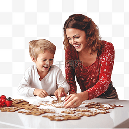 在烘焙机的包子图片_母亲和幼儿男孩在厨房做圣诞饼干