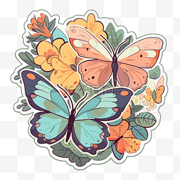 彩色蝴蝶和花朵贴纸在白色背景剪