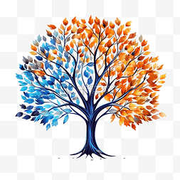 有蓝色和橙色叶子的大树