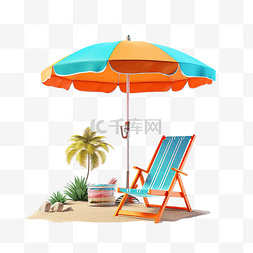 蓝色沙滩椅图片_暑假概念的 3D 渲染多彩海滩元素