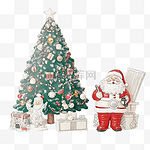装饰玩具圣诞树和圣诞老人??与一袋礼物